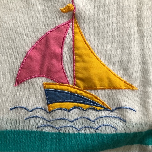Vintage 80s Striped Nautical Sweater With Appliqué Sail Boat Size Large - Picture 4 of 6